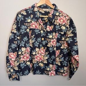Travel Smith Women's Petite M Blue Pink Floral Cotton Blend Button Jacket EUC
